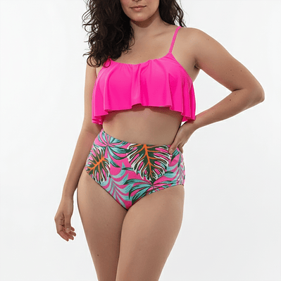 Bikini Tiro Alto con Top de vuelos y Estampado Tropical rosa