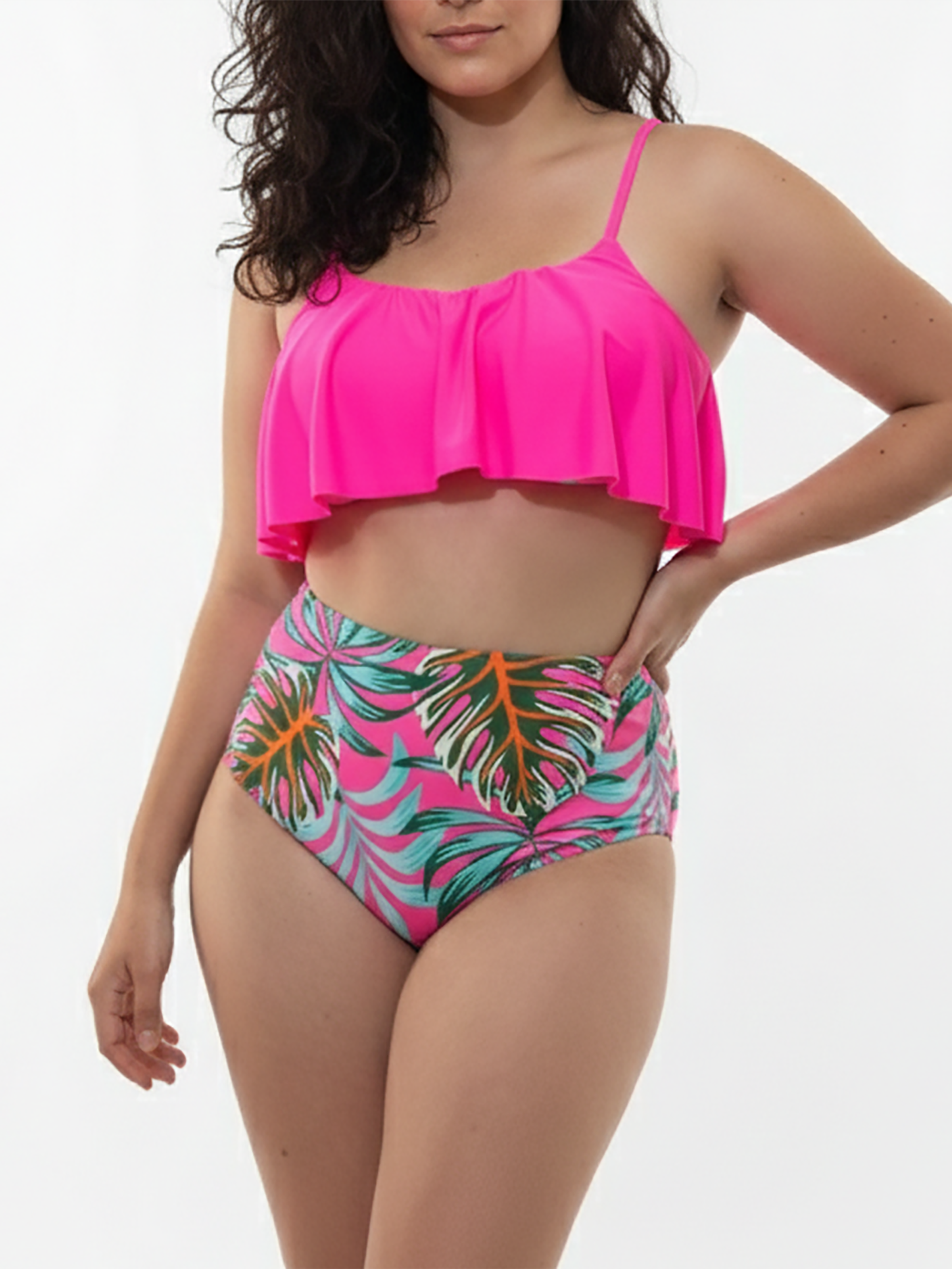 Bikini Tiro Alto con Top de vuelos y Estampado Tropical rosa 1