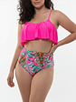Bikini Tiro Alto con Top de vuelos y Estampado Tropical rosa - Miniatura 1