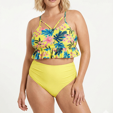 Bikini Tiro Alto Amarillo con Top Floral y Vuelos