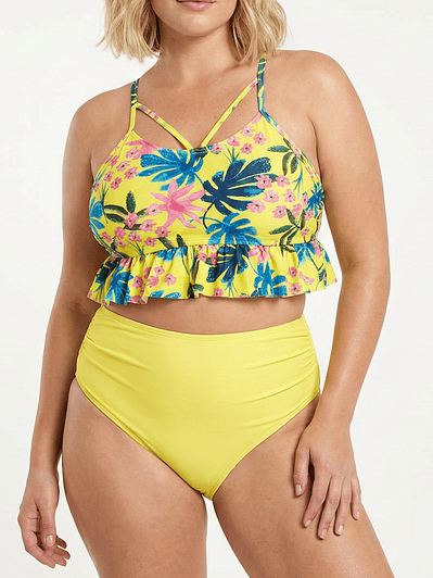 Bikini Tiro Alto Amarillo con Top Floral y Vuelos
