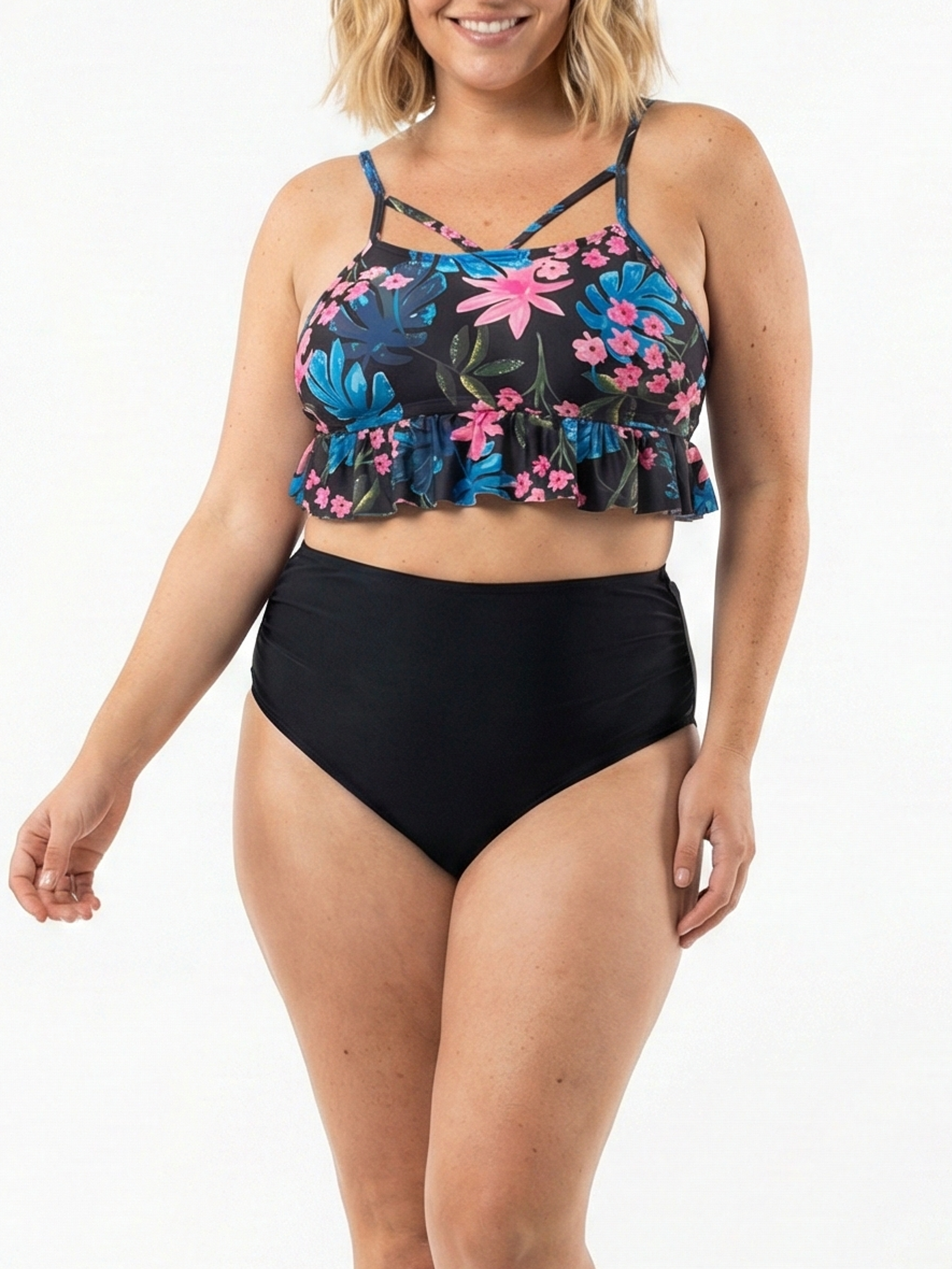 Bikini Tiro Alto Top Floral con Vuelos y Calzón Negro 2