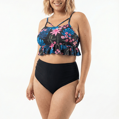 Bikini Tiro Alto Top Floral con Vuelos y Calzón Negro