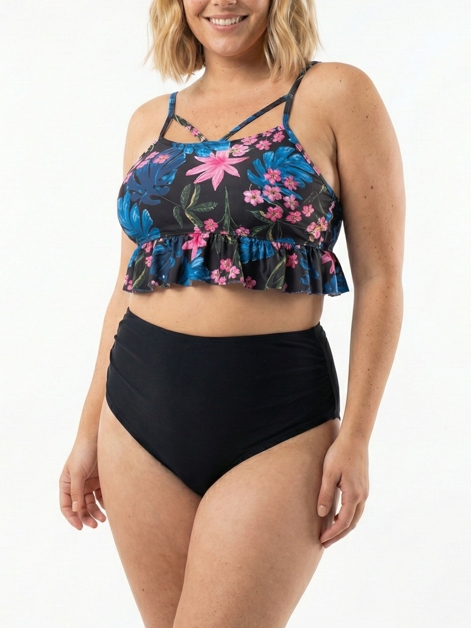 Bikini Tiro Alto Top Floral con Vuelos y Calzón Negro 1