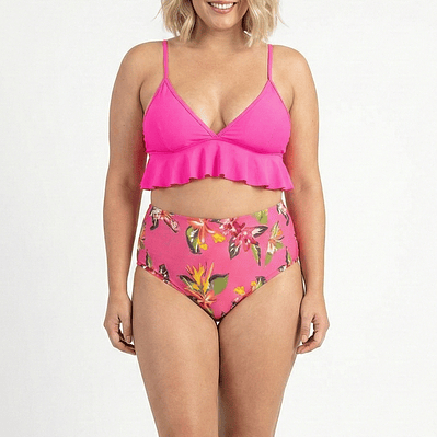 Bikini Tiro Alto Fucsia con Vuelos y Estampado Floral
