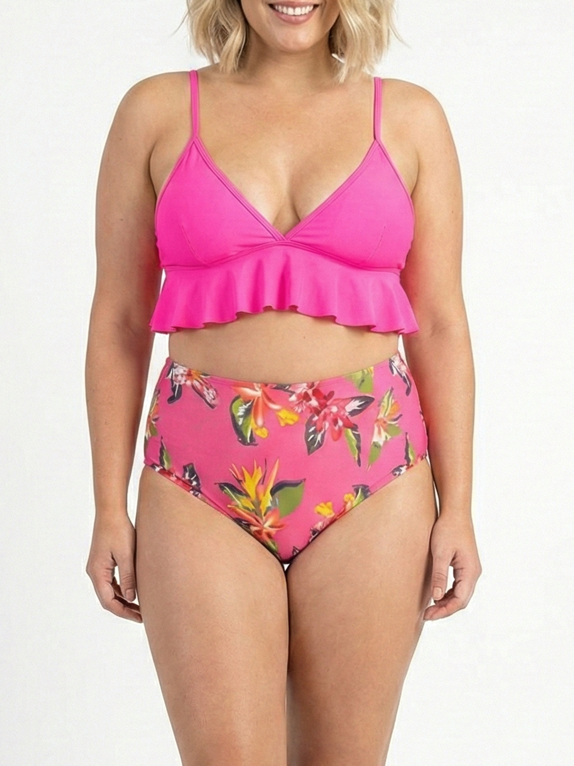 Bikini Tiro Alto Fucsia con Vuelos y Estampado Floral 1