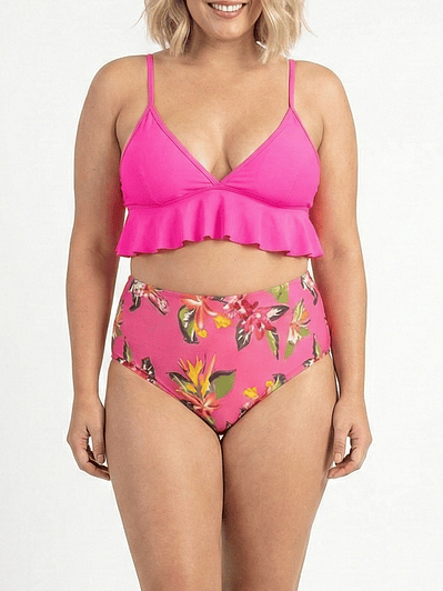 Bikini Tiro Alto Fucsia con Vuelos y Estampado Floral