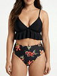 Bikini Tiro Alto Negro con Vuelos y Estampado Floral - Miniatura 2
