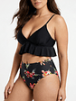 Bikini Tiro Alto Negro con Vuelos y Estampado Floral - Miniatura 1