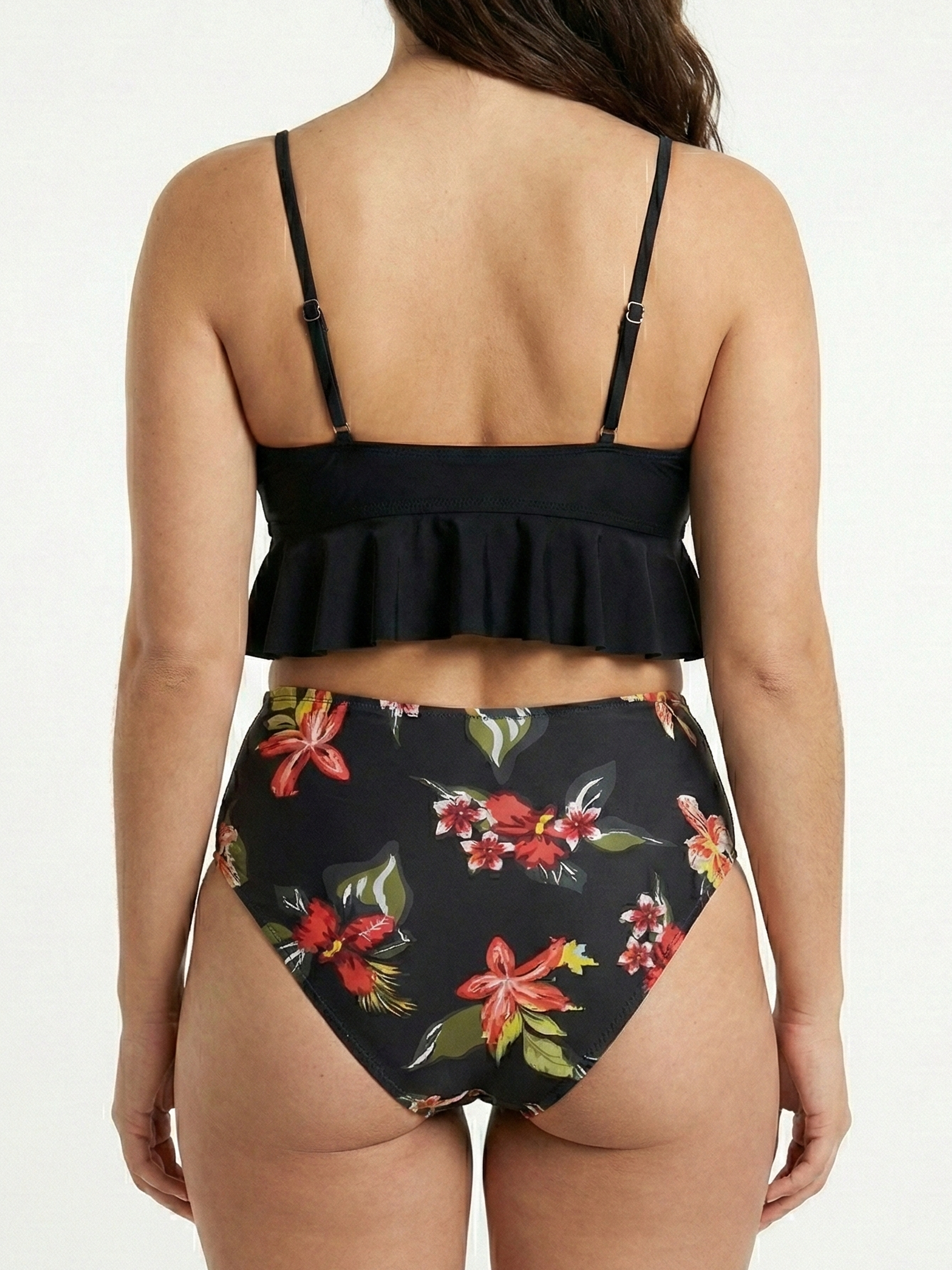 Bikini Tiro Alto Negro con Vuelos y Estampado Floral 3