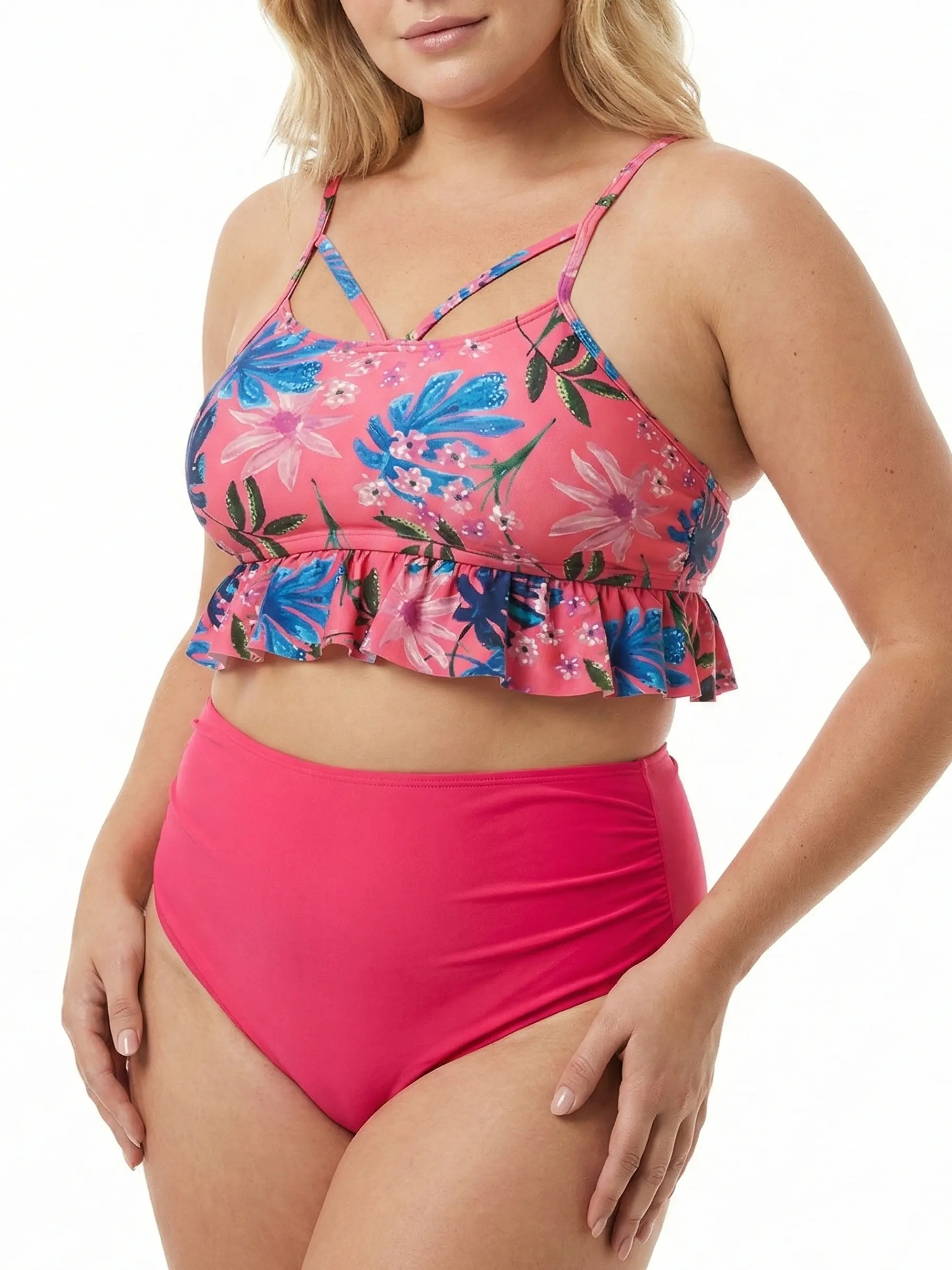 Bikini Tiro Alto Rosa con Top Floral y Vuelos 1