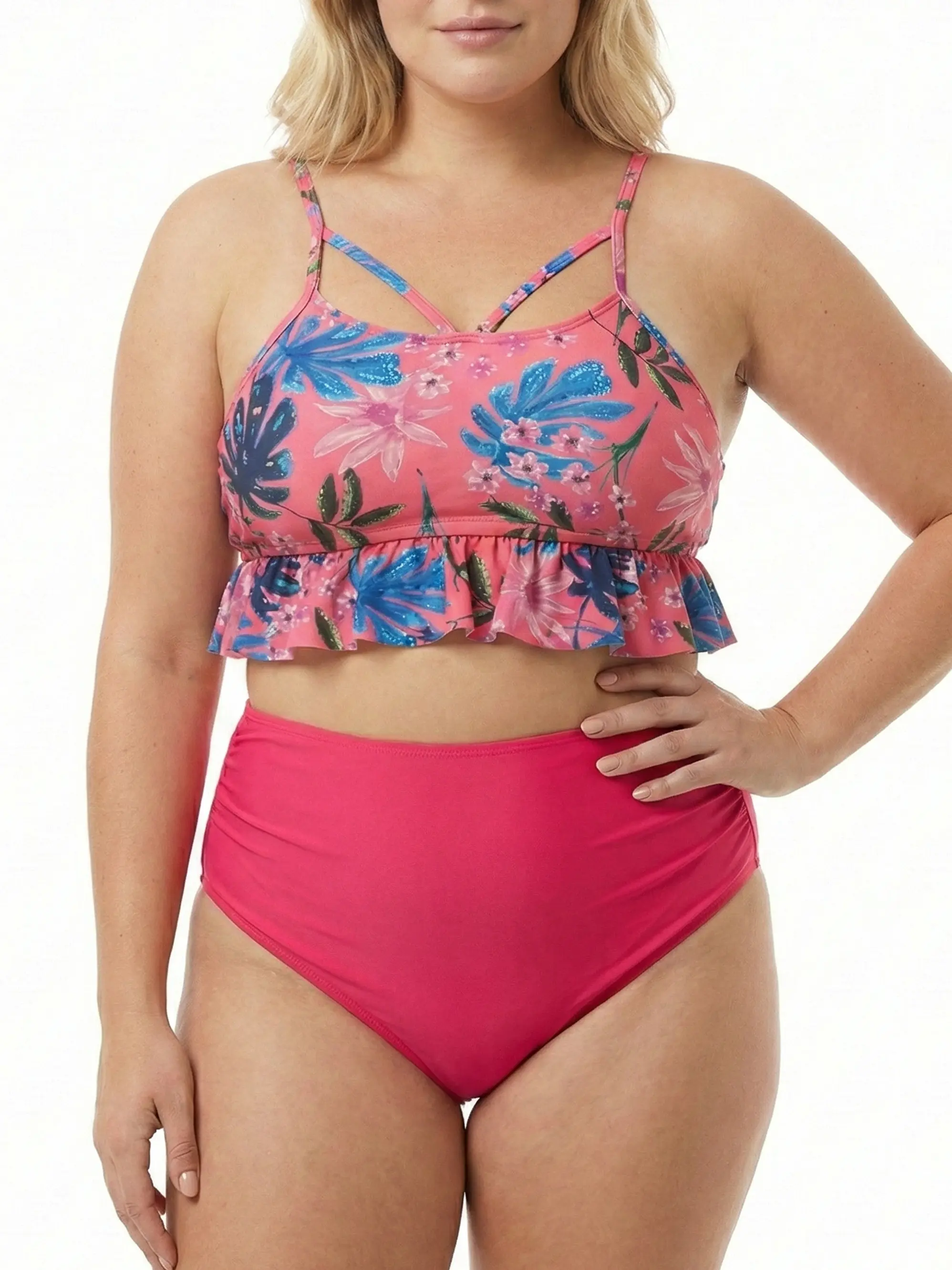Bikini Tiro Alto Rosa con Top Floral y Vuelos 2