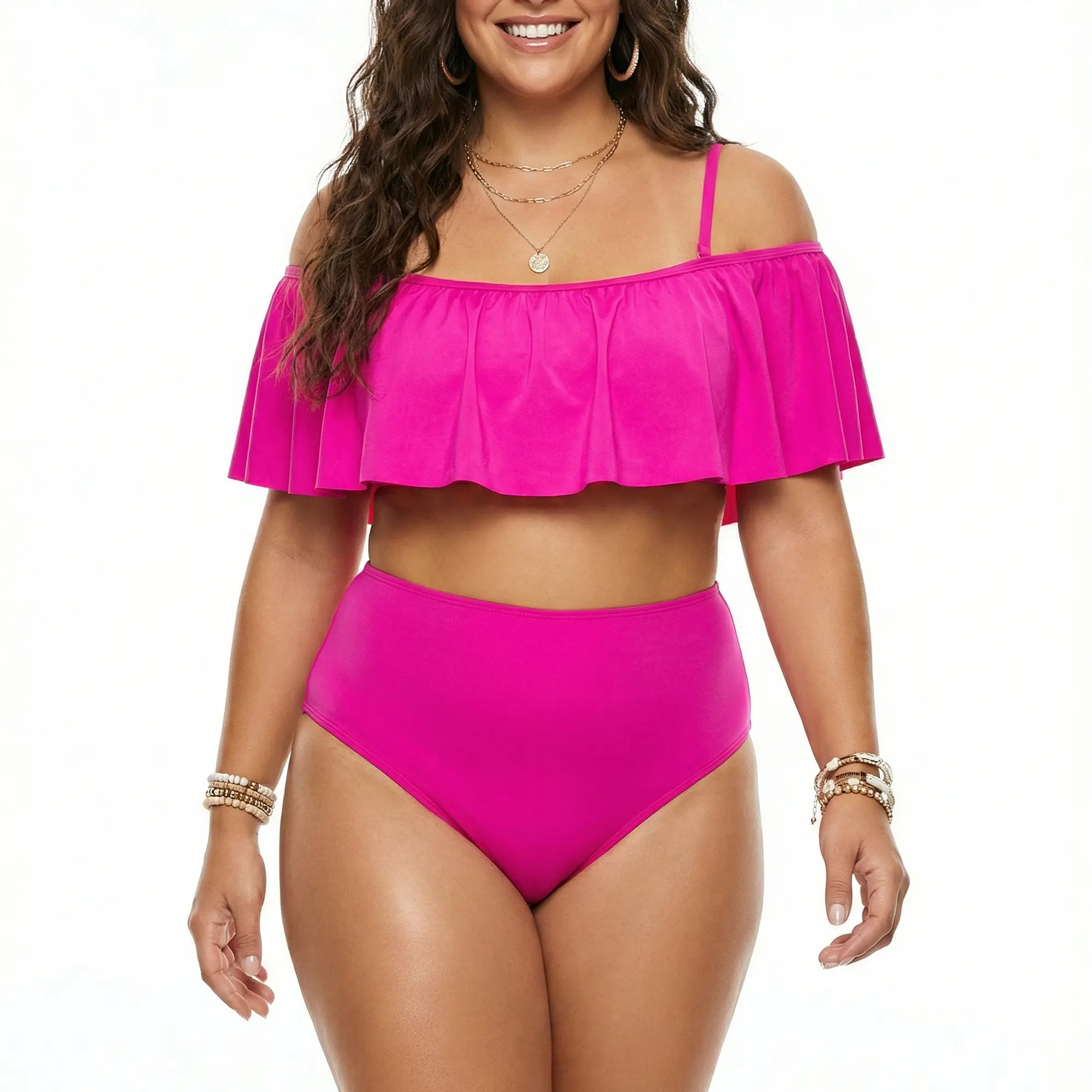 Bikini Tiro Alto Fucsia con vuelos y Hombros Descubiertos 2