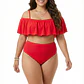 Bikini Tiro Alto Rojo con vuelos y Hombros Descubiertos - Miniatura 1