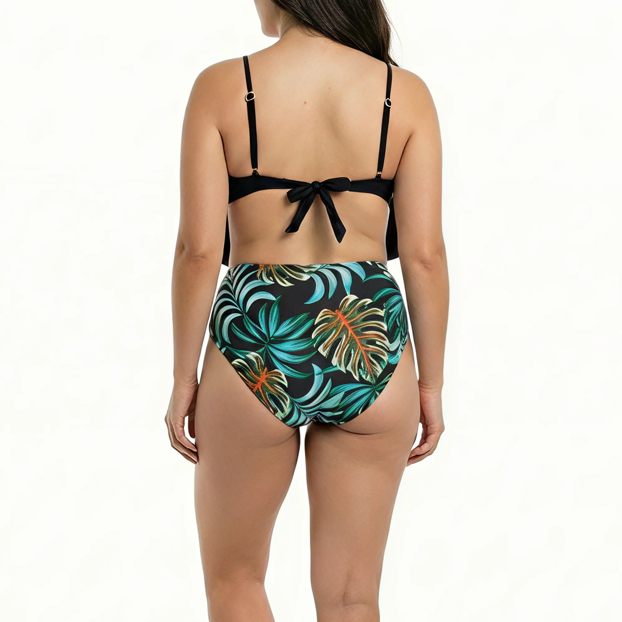 Bikini Tiro Alto con Top de vuelos y Estampado Tropical negro 2