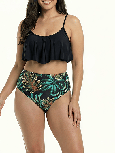 Bikini Tiro Alto con Top de vuelos y Estampado Tropical negro
