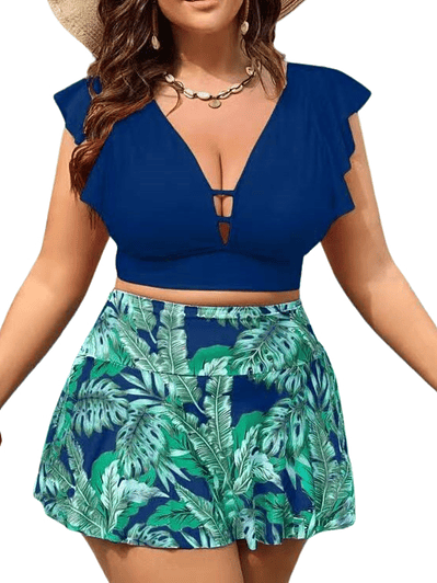 Conjunto bikini tiro alto falda top vuelos escote V colores