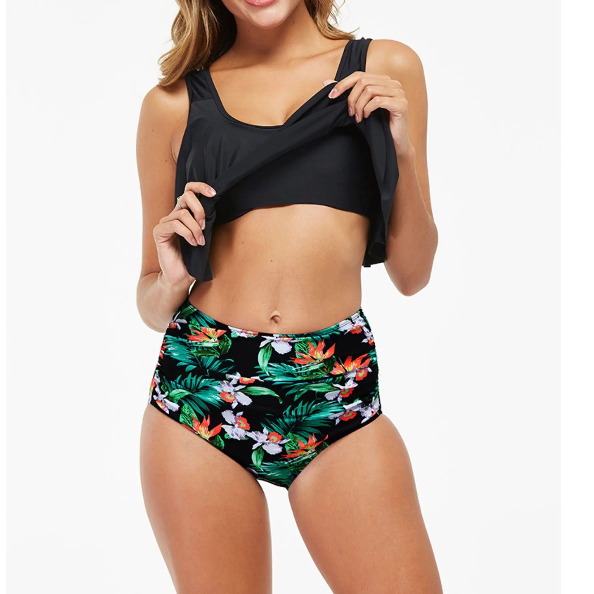 Bikini Tiro Alto Top top en punta Negro y Tropical verde 2
