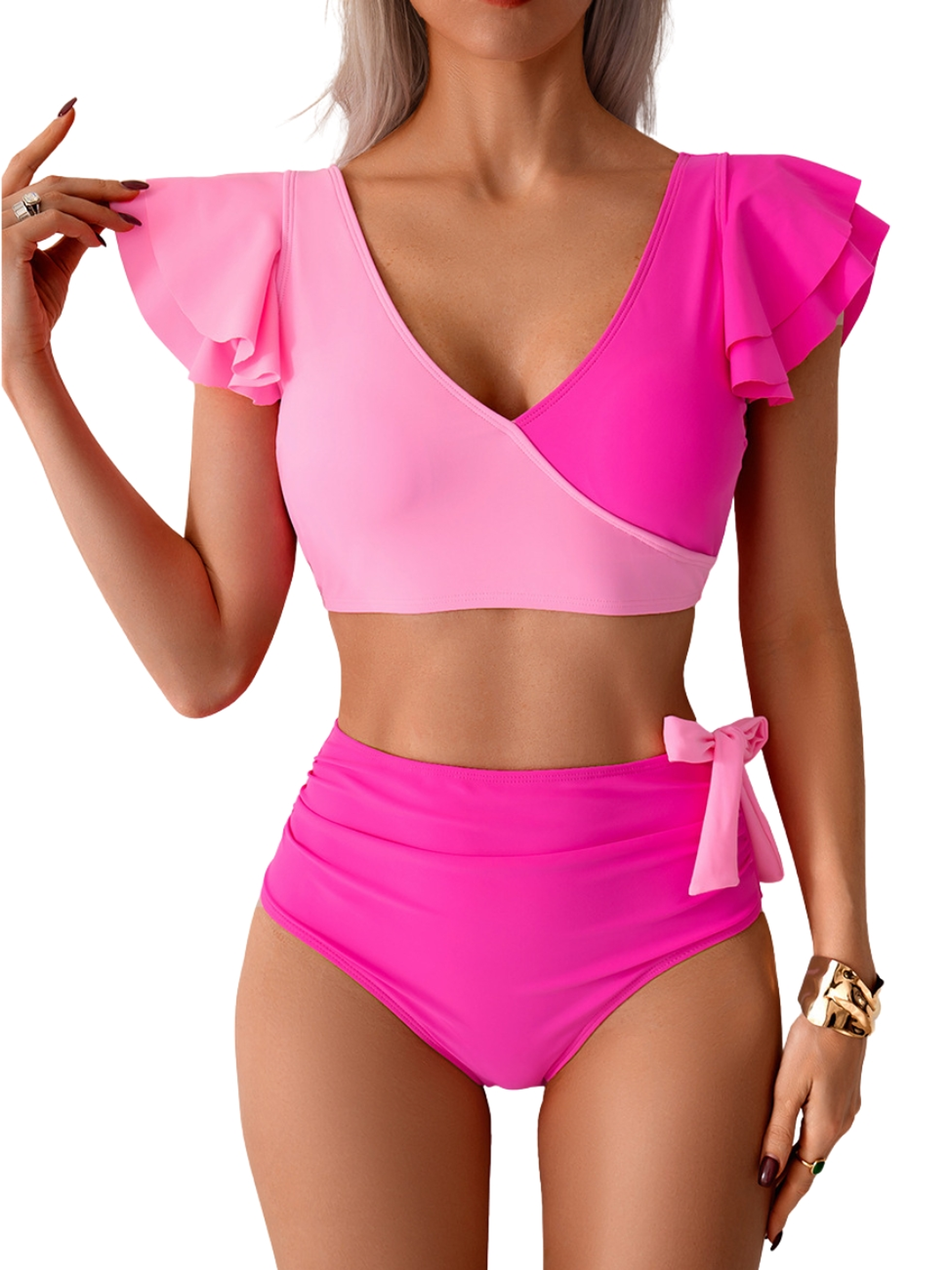 Bikini tiro alto top vuelos en V milena rosa 1