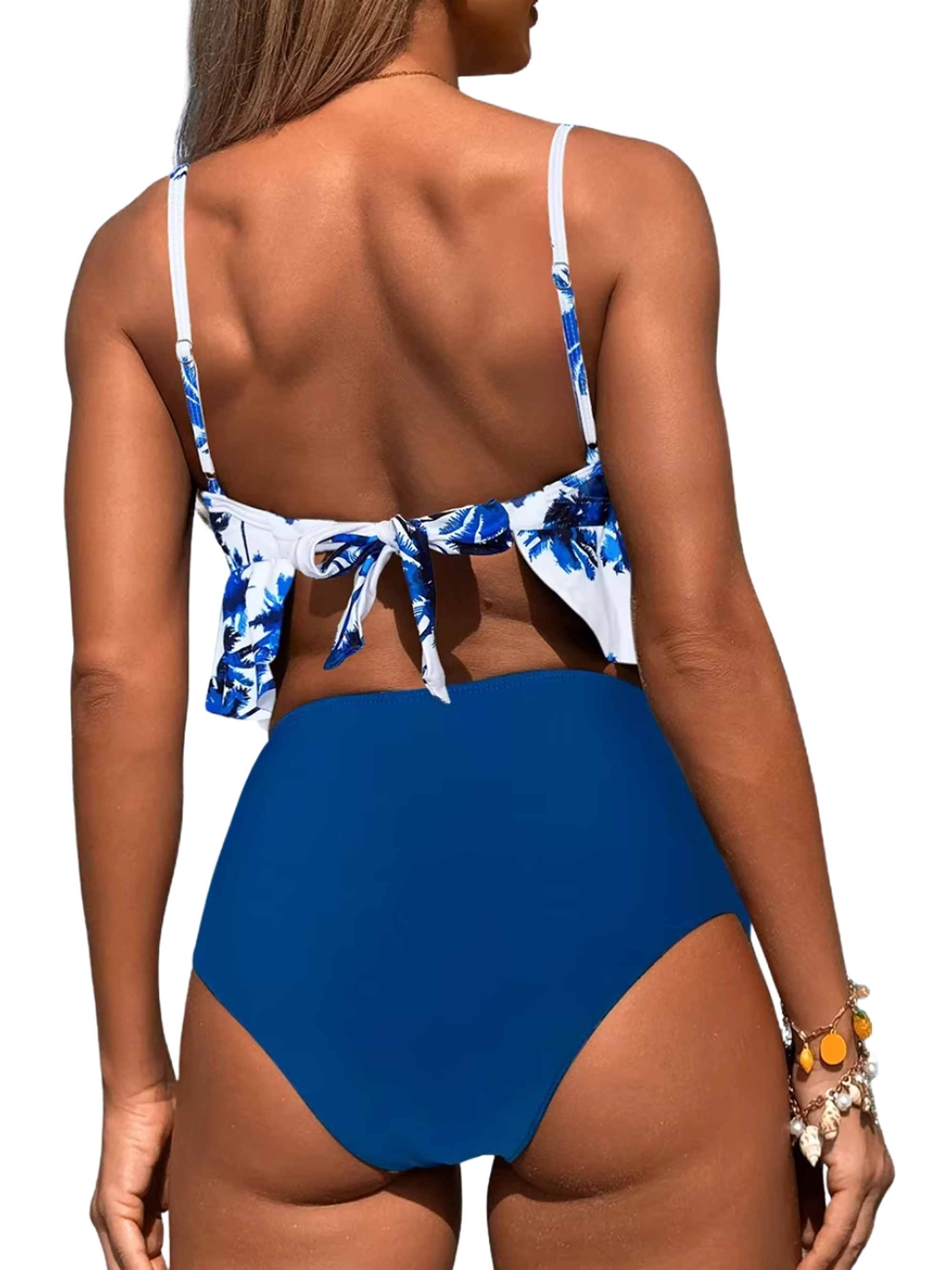 Bikini Tiro Alto Top Floral con Vuelos y Calzón Azul 3