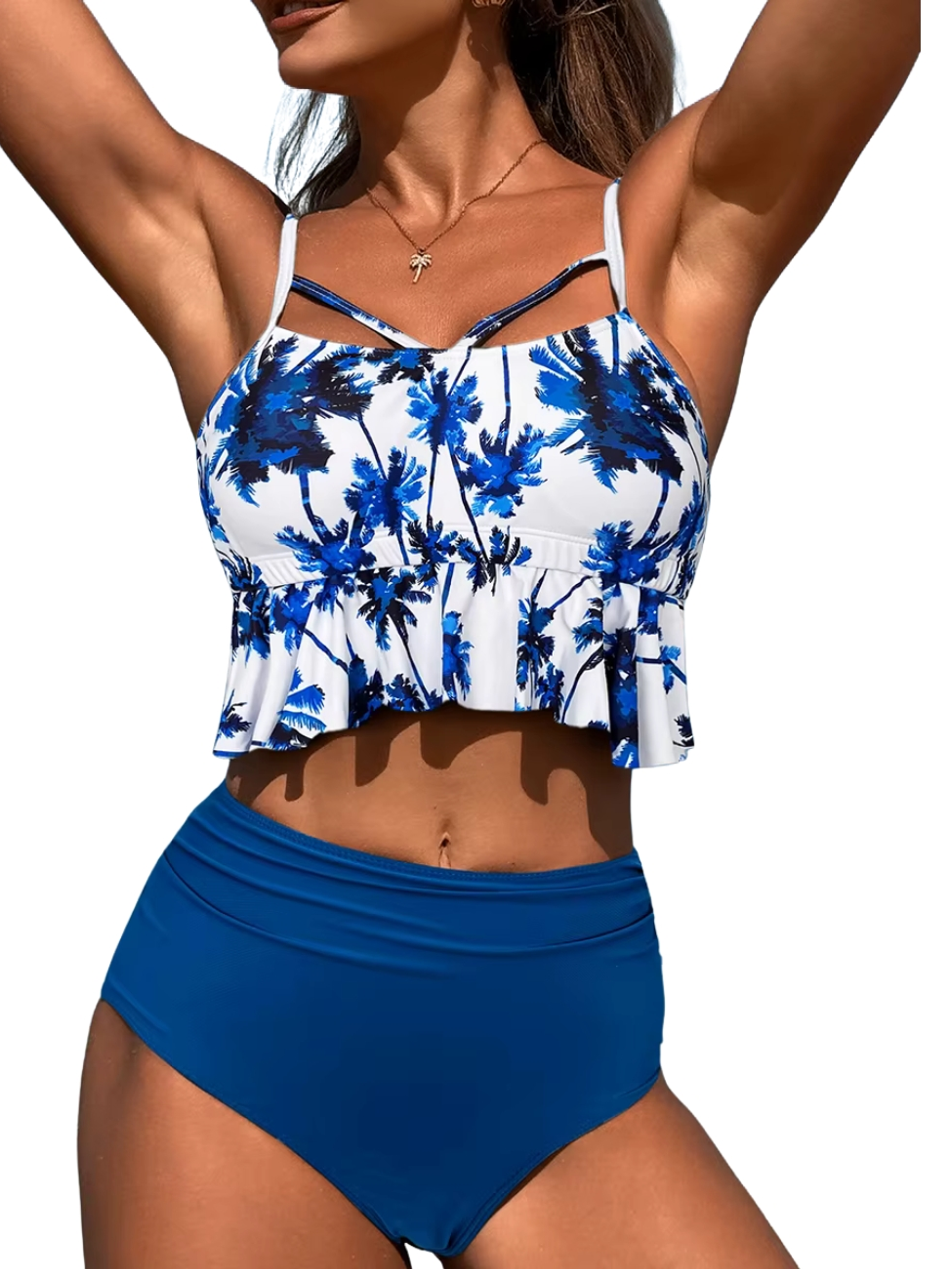 Bikini Tiro Alto Top Floral con Vuelos y Calzón Azul 1