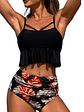 Bikini Tiro Alto Top Floral con Vuelos y Calzón Negro  - Miniatura 1