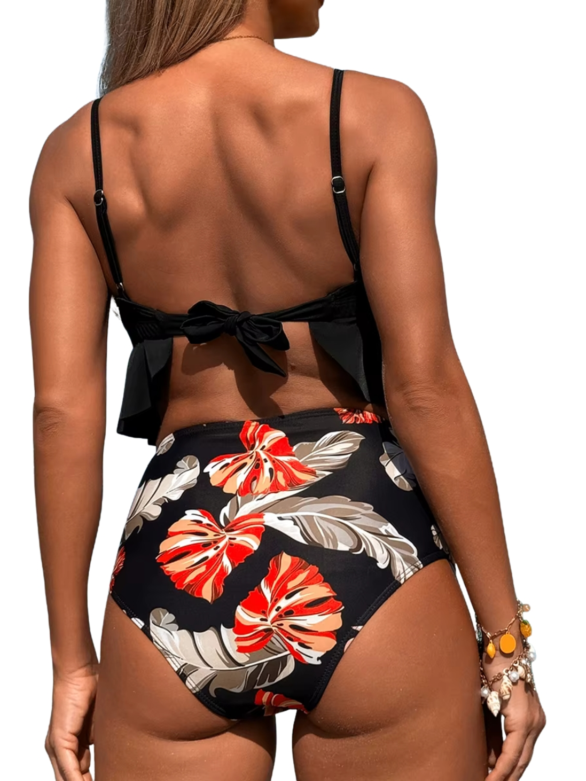 Bikini Tiro Alto Top Floral con Vuelos y Calzón Negro  2