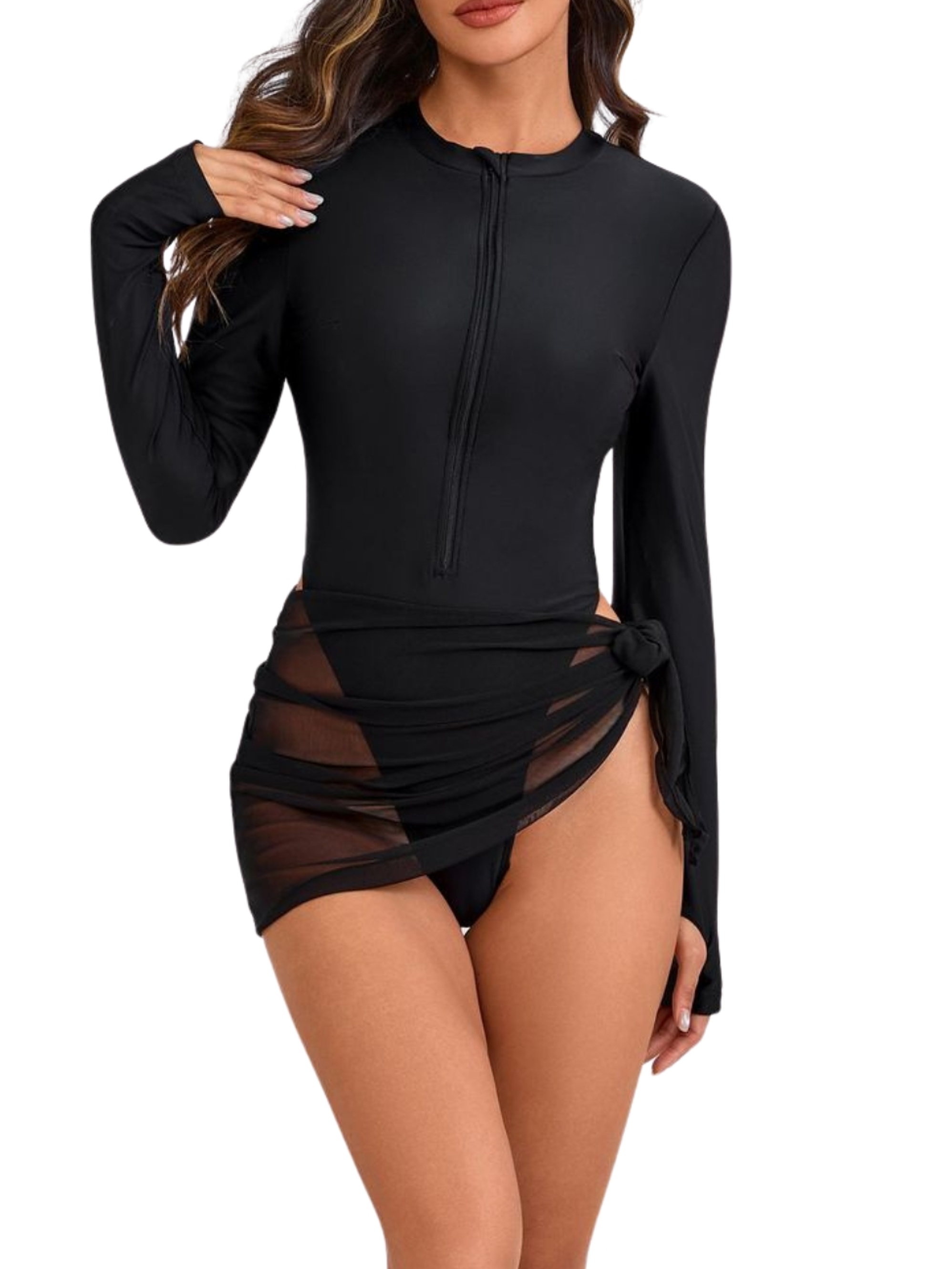 Traje de baño manga larga negro con cierre frontal y pareo 1