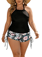 Tankini Negro Cuello Halter con Pantalón Estampado - Miniatura 1