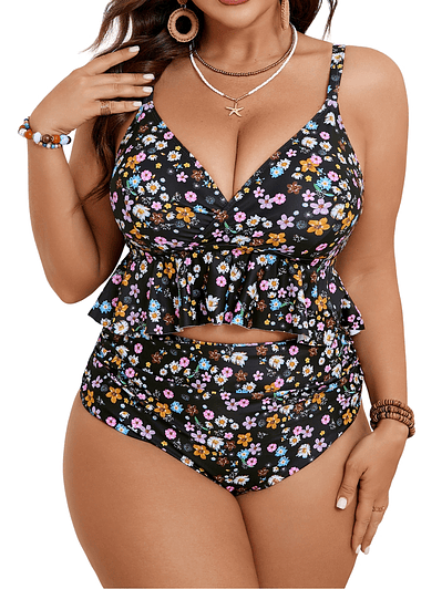 Bikini Tiro Alto Negro Floreado con Vuelos