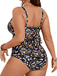 Bikini Tiro Alto Negro Floreado con Vuelos - Miniatura 3