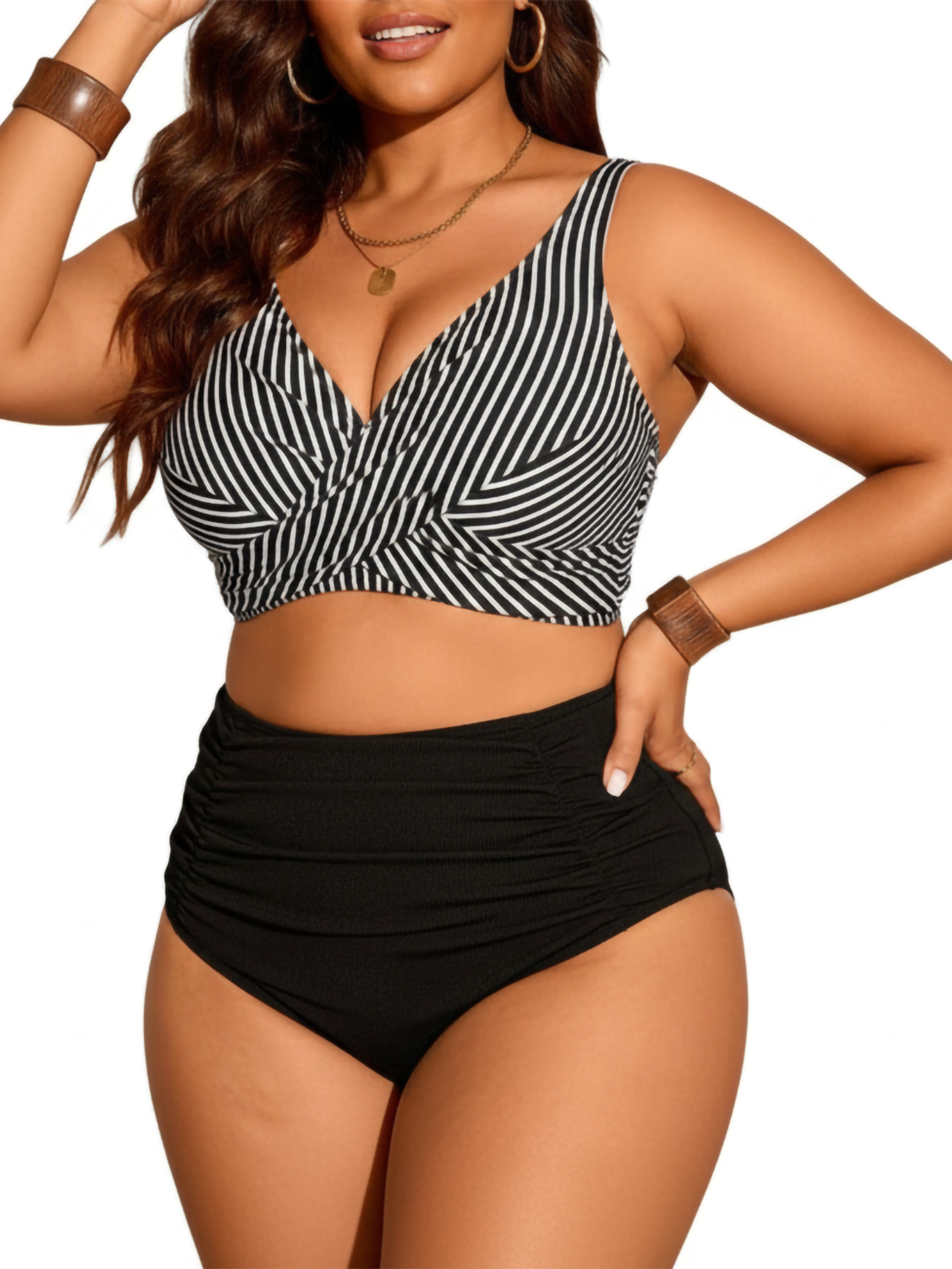 Bikini Tiro Alto con Top Cruzado a Rayas y Calzón Rib 1