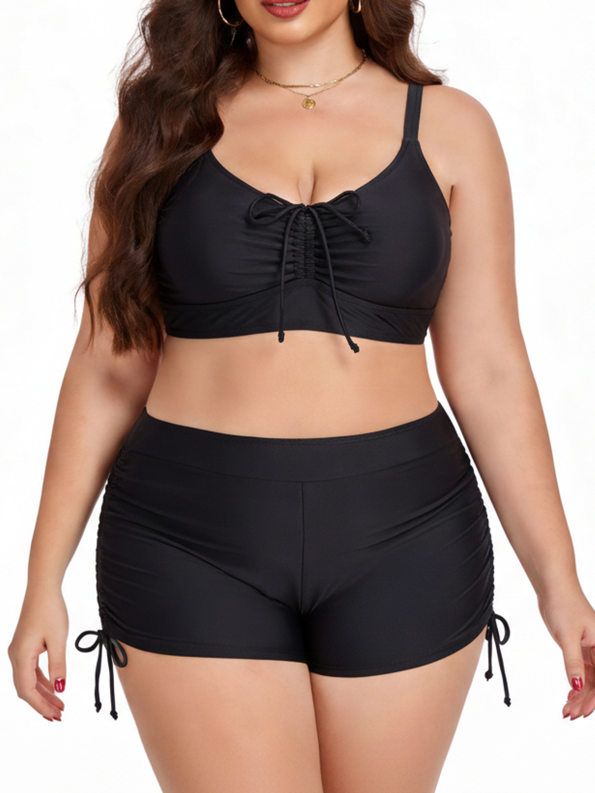 Bikini Tankini Negro con Short de Tiro Alto y Cordones 1