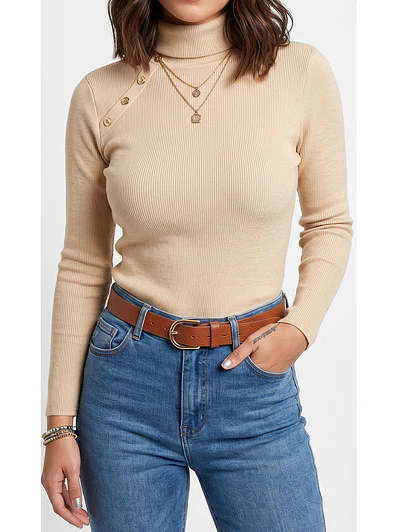Sweater mujer cuello alto botones brillos
