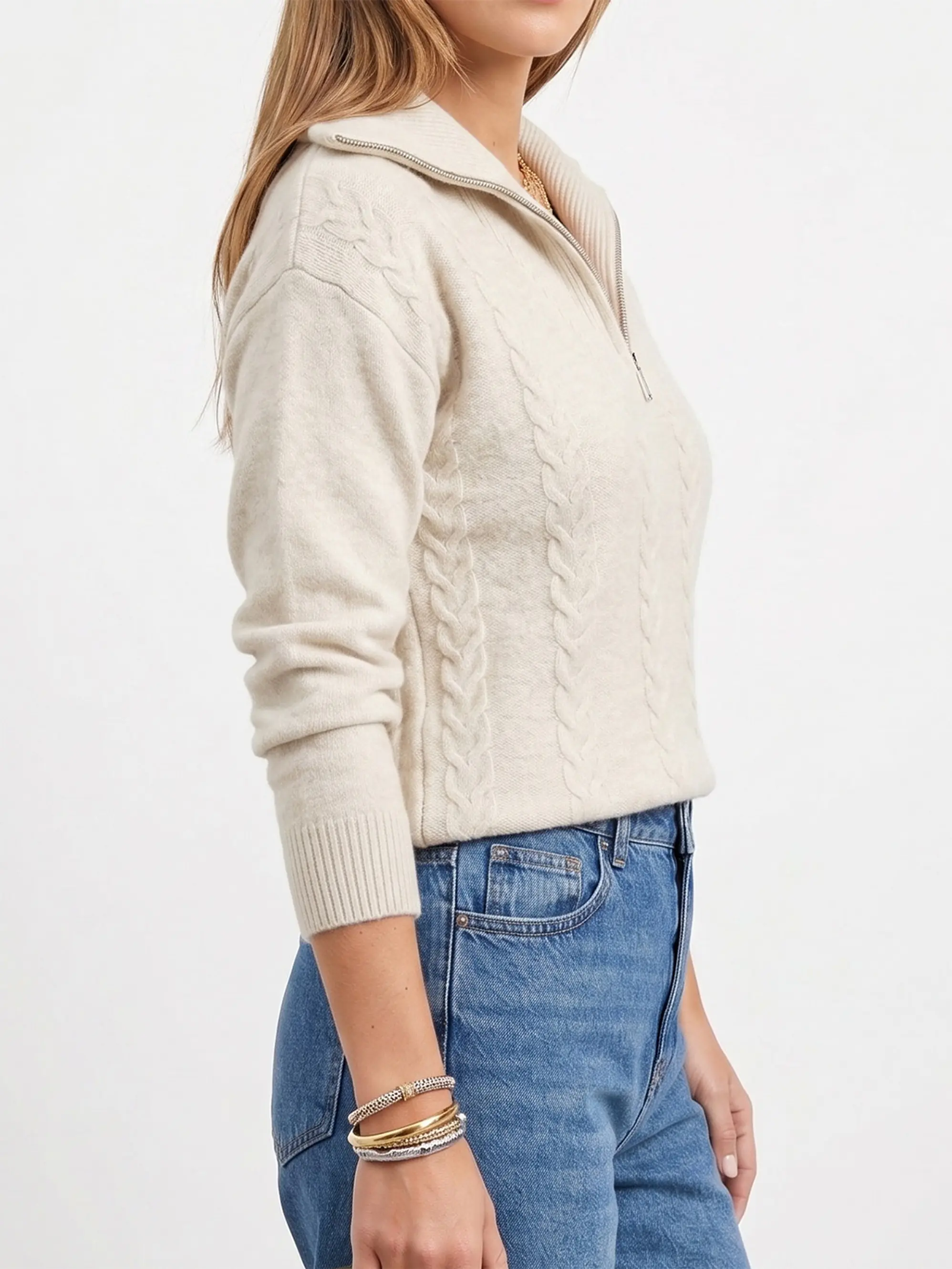 Sweater Mujer Con Medio Cierre Y Trenzas Colores 3