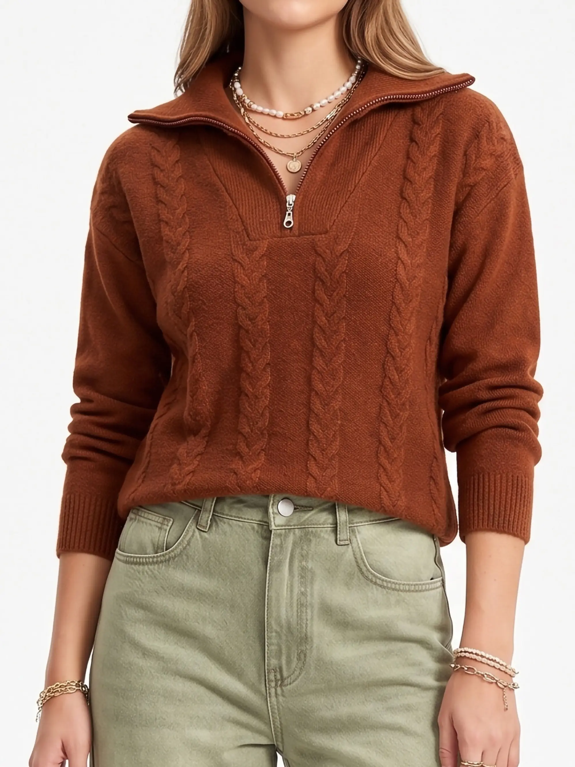 Sweater Mujer Con Medio Cierre Y Trenzas Colores 9