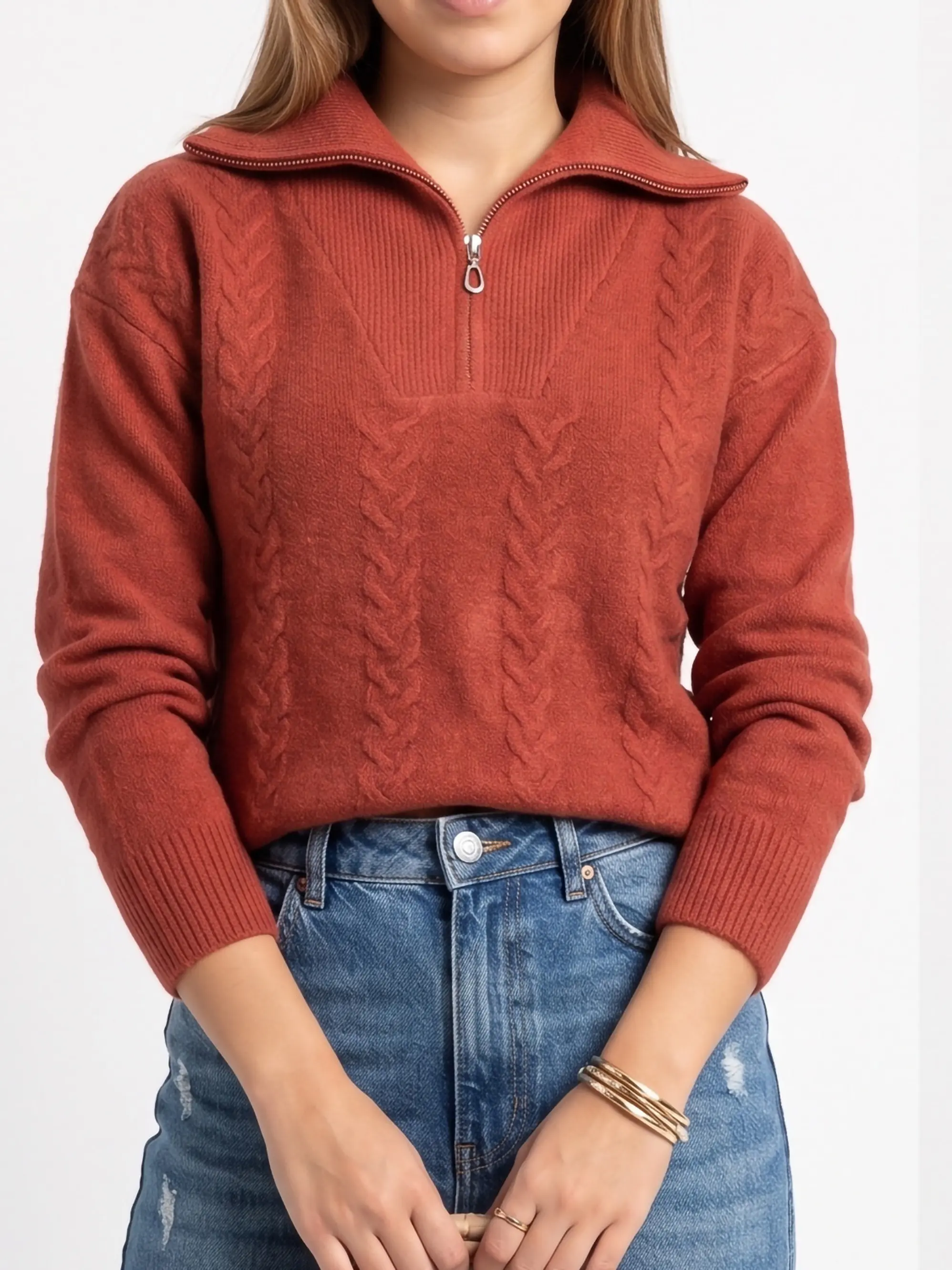 Sweater Mujer Con Medio Cierre Y Trenzas Colores 10