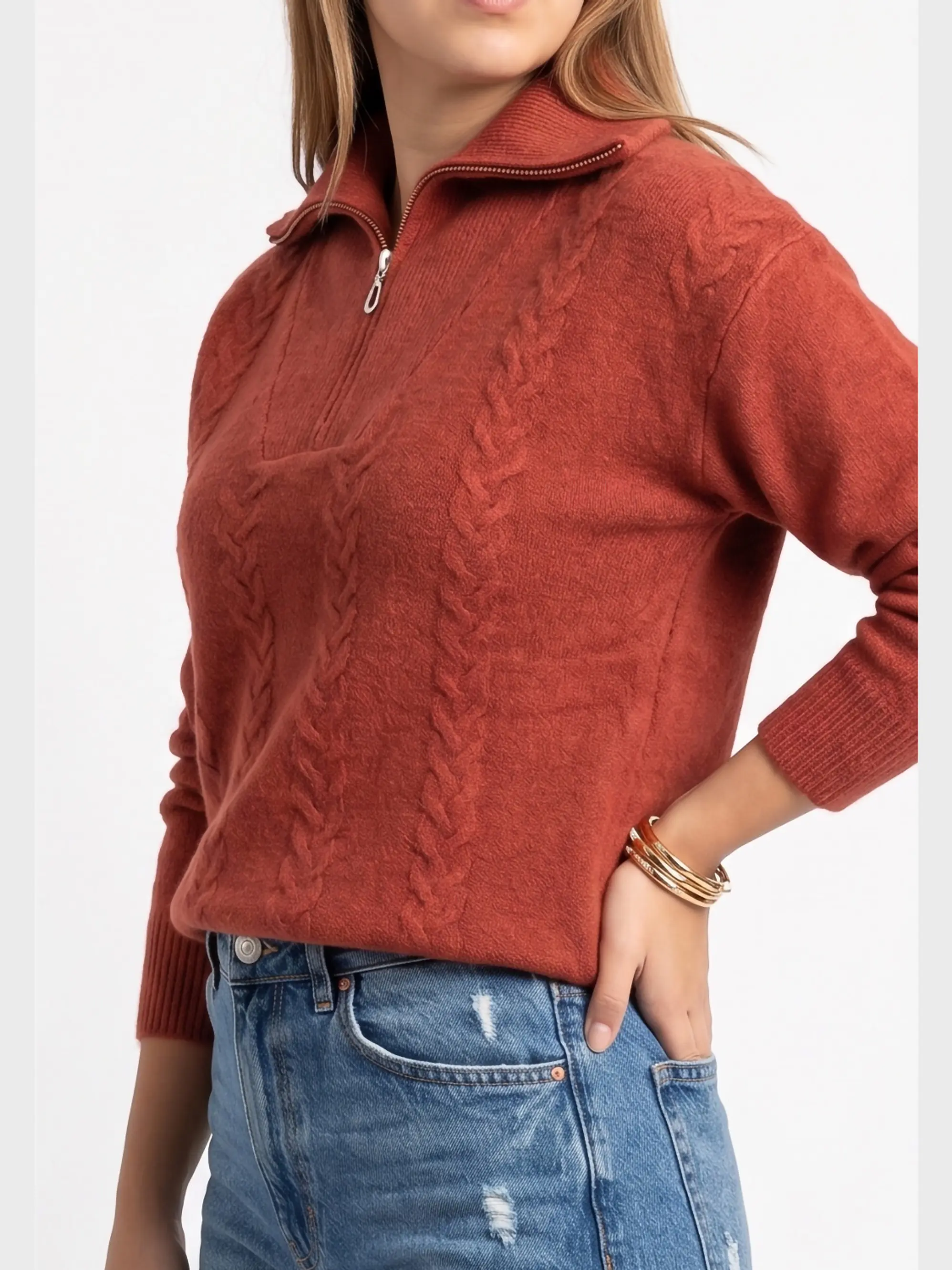 Sweater Mujer Con Medio Cierre Y Trenzas Colores 11