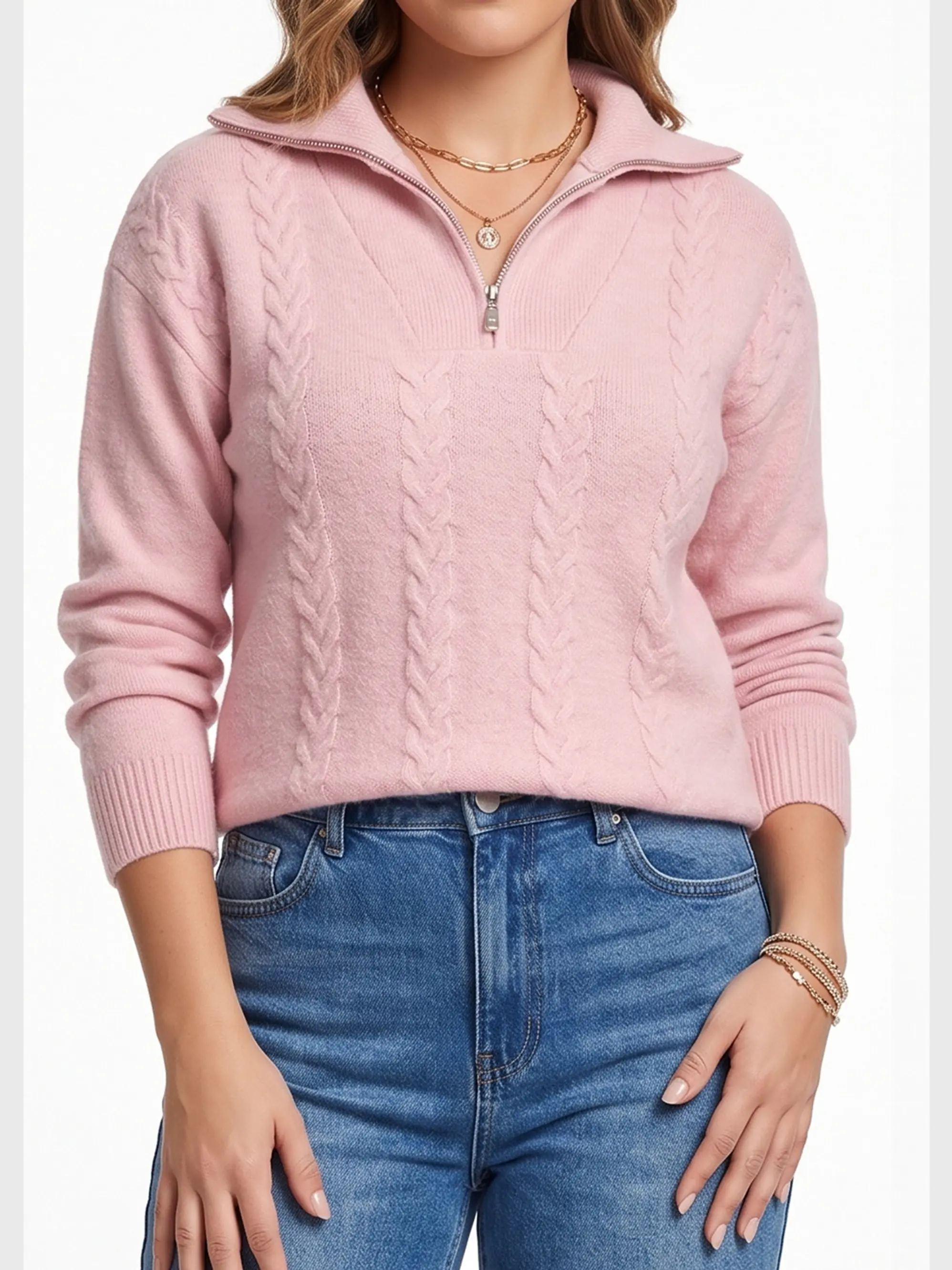 Sweater Mujer Con Medio Cierre Y Trenzas Colores 12