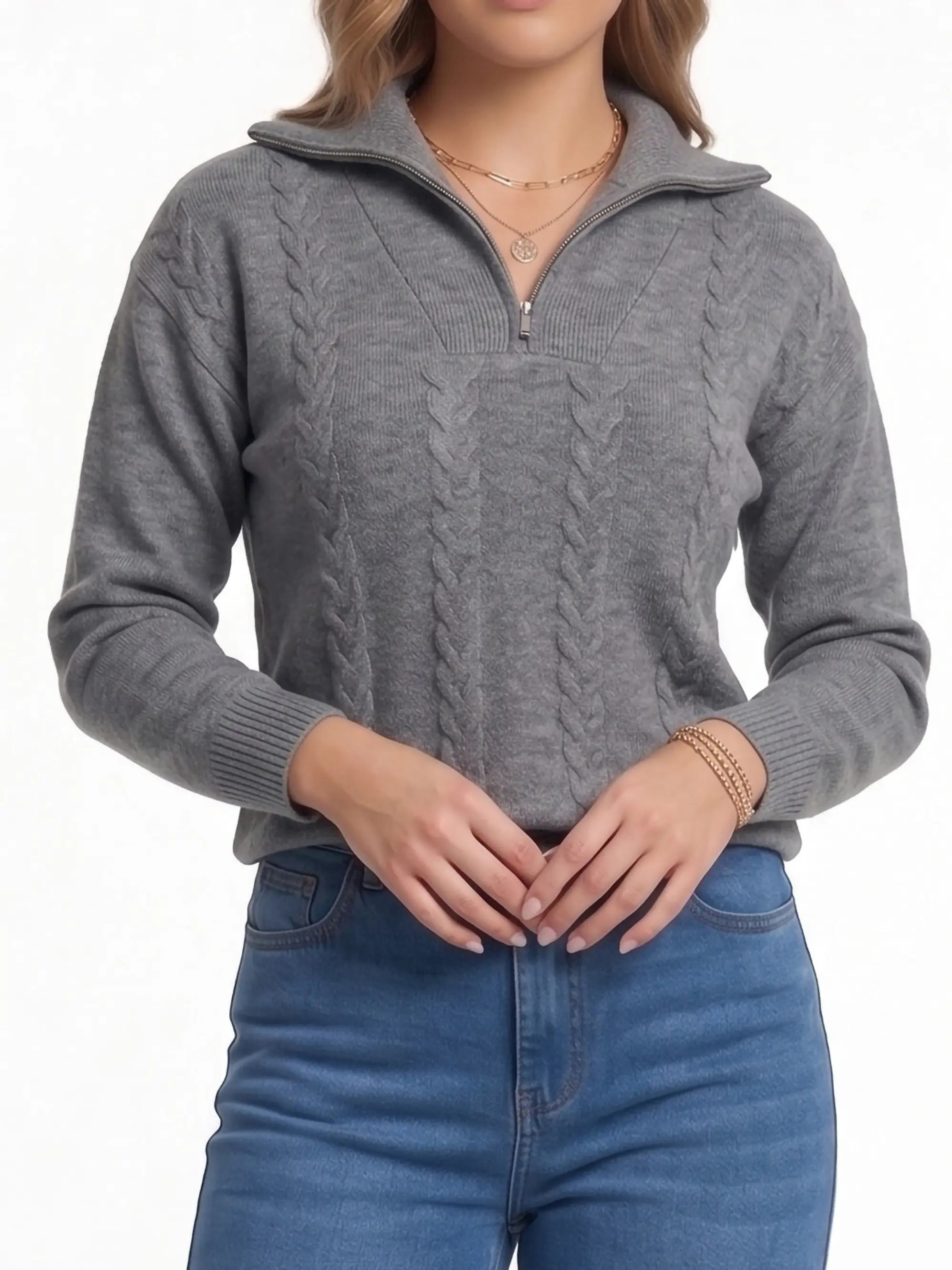 Sweater Mujer Con Medio Cierre Y Trenzas Colores 18