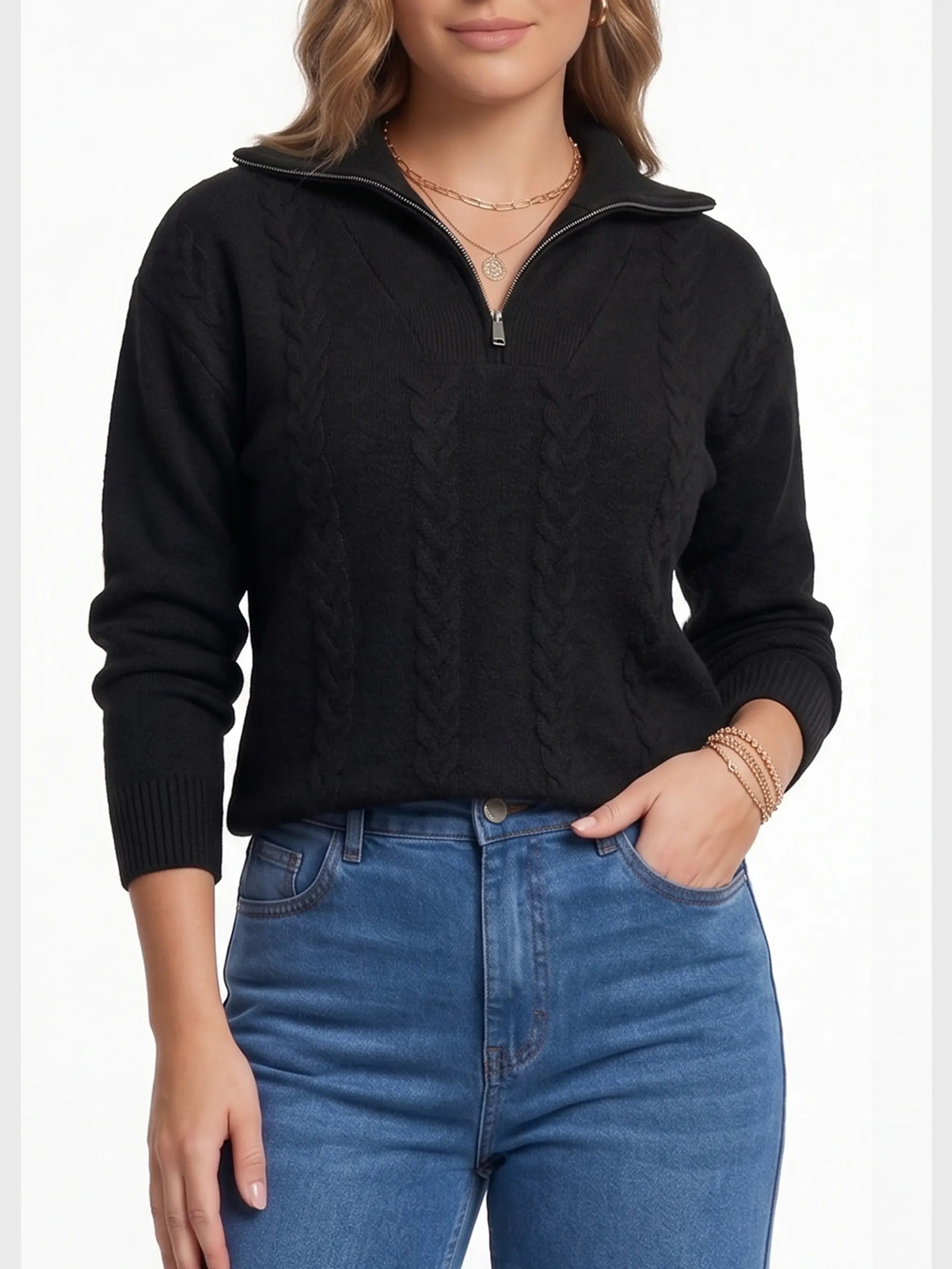 Sweater Mujer Con Medio Cierre Y Trenzas Colores 19