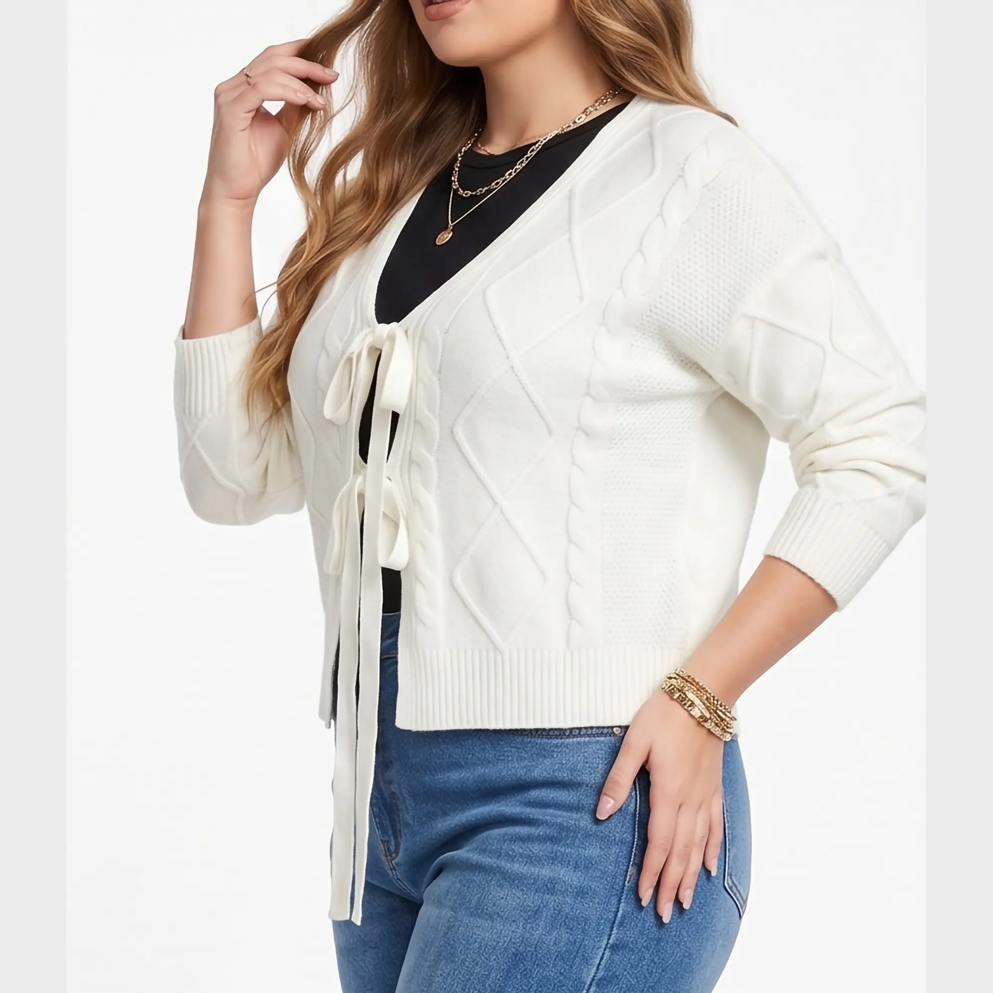 Cardigan Mujer Tejido Trenzado Corto Con Lazos Casual 3