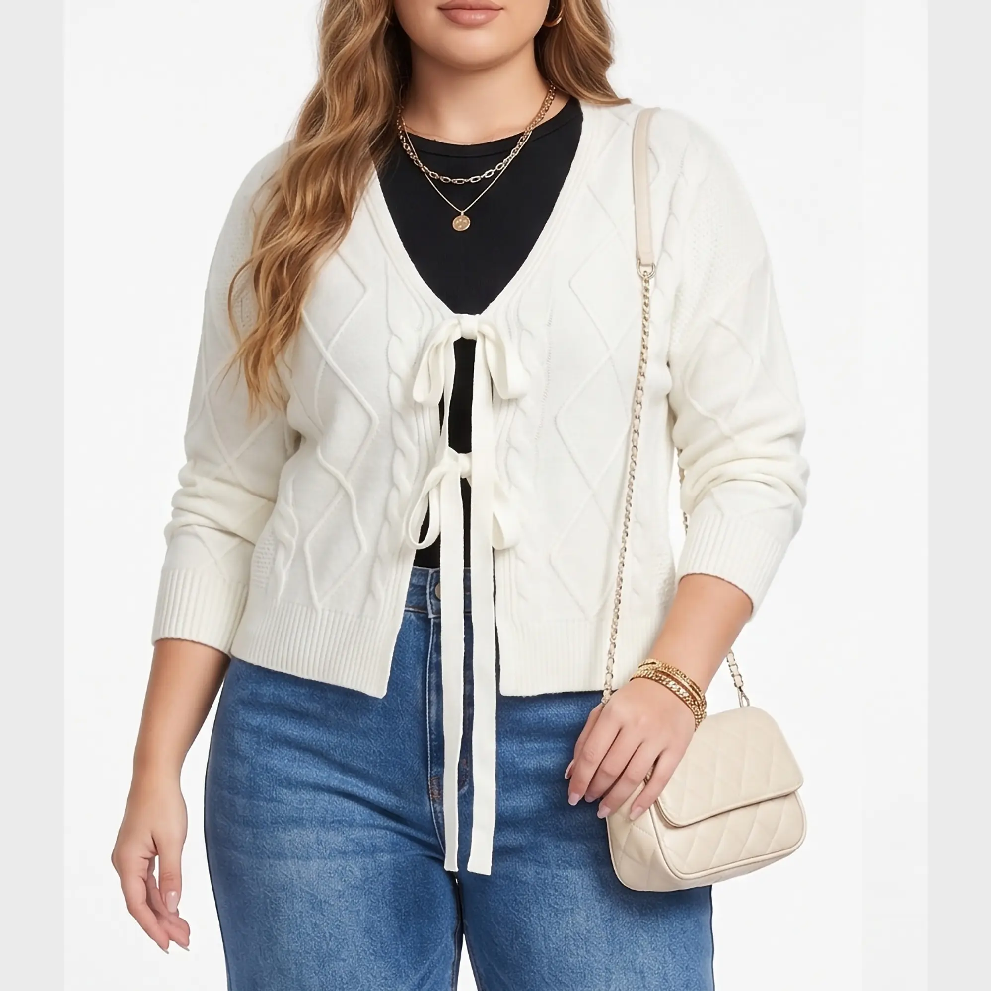Cardigan Mujer Tejido Trenzado Corto Con Lazos Casual 4