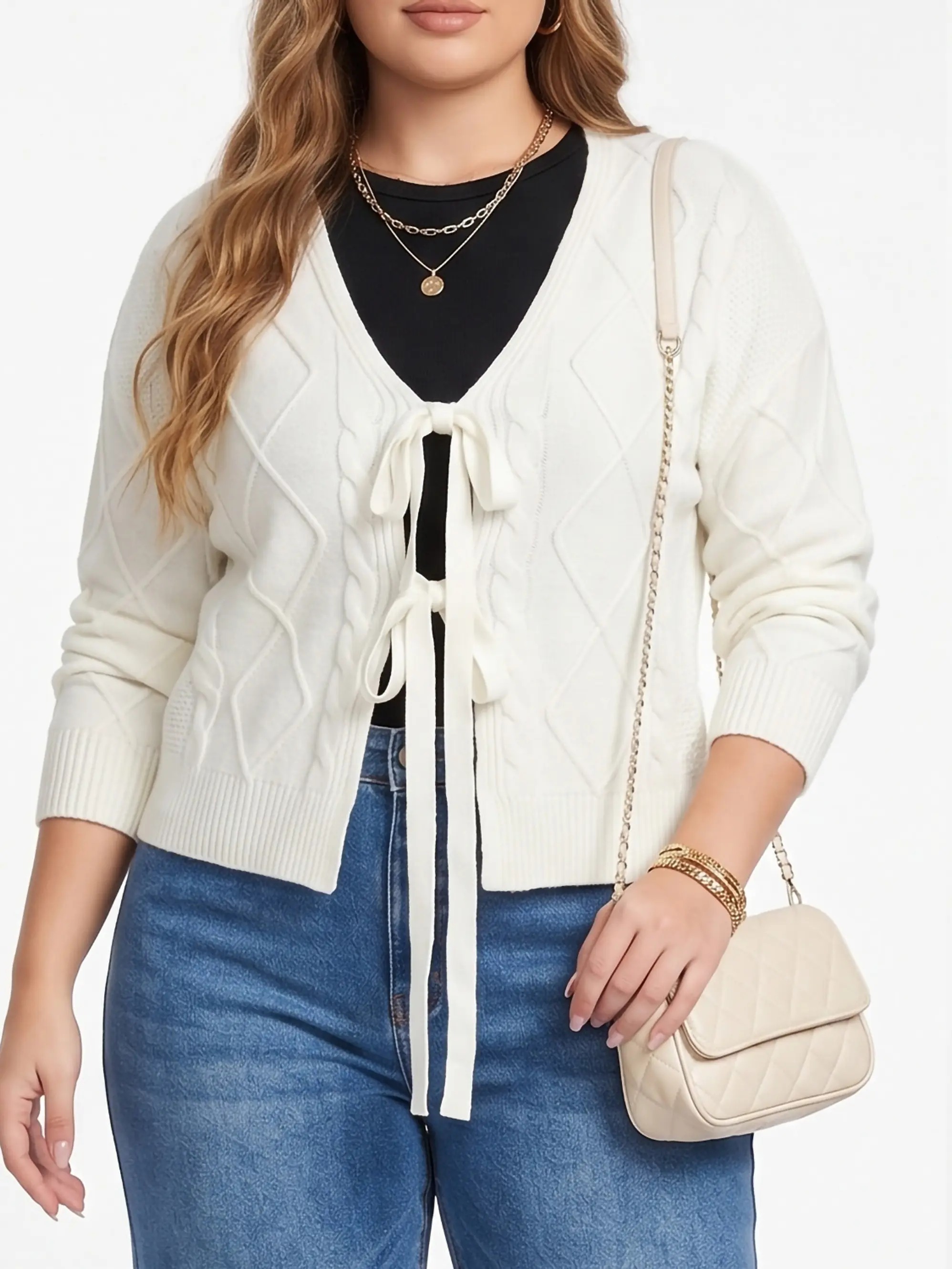 Cardigan Mujer Tejido Trenzado Corto Con Lazos Casual 4