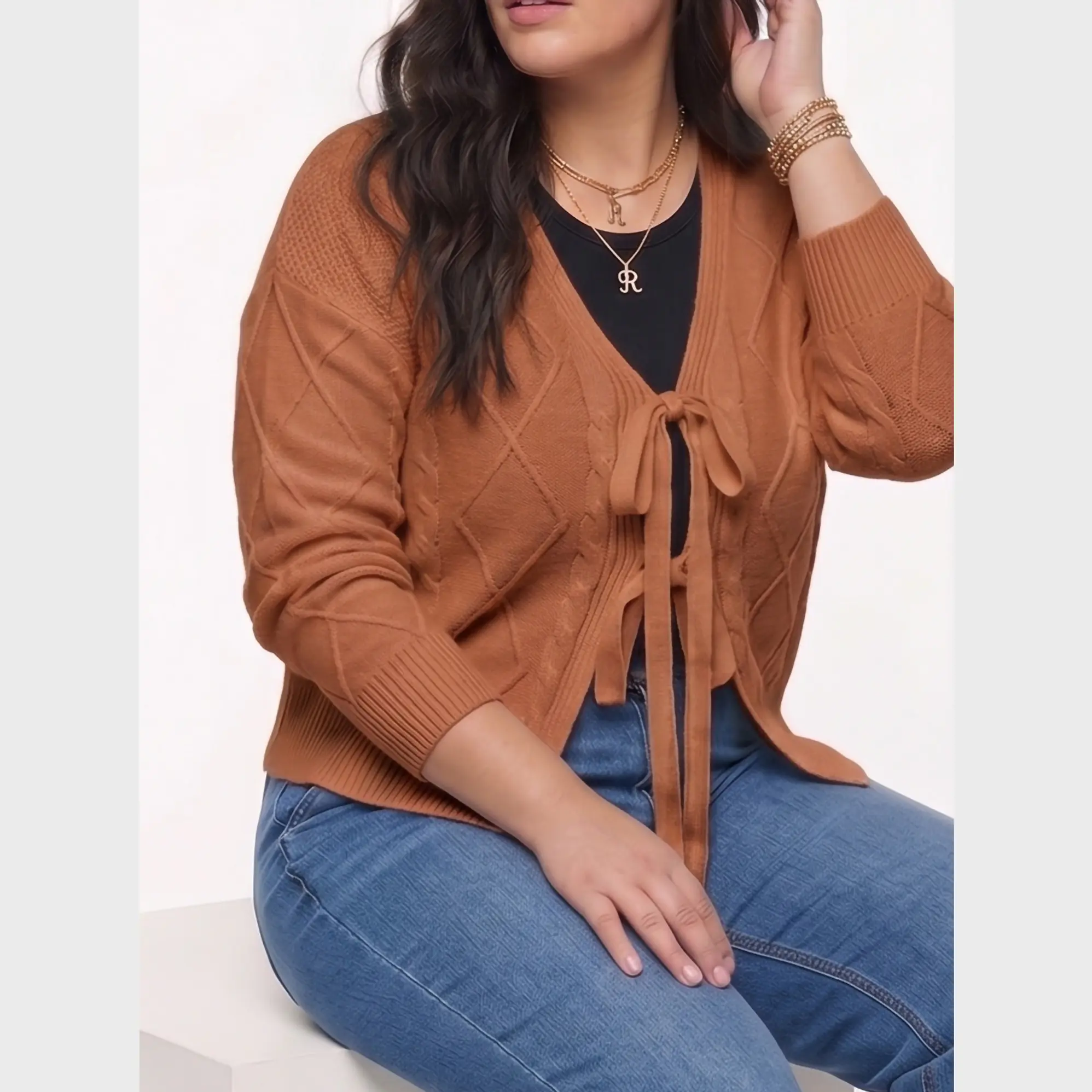 Cardigan Mujer Tejido Trenzado Corto Con Lazos Casual 5