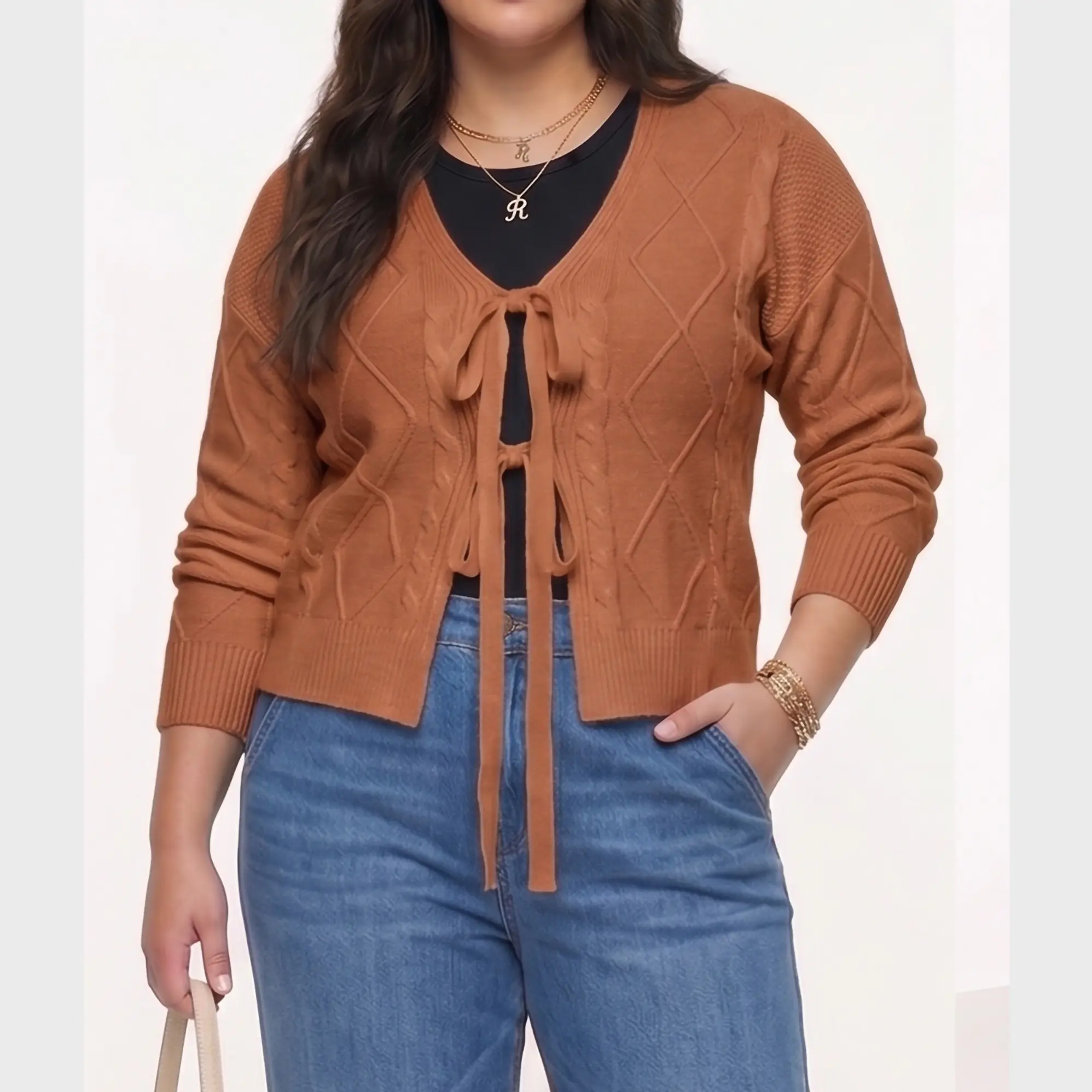 Cardigan Mujer Tejido Trenzado Corto Con Lazos Casual 6