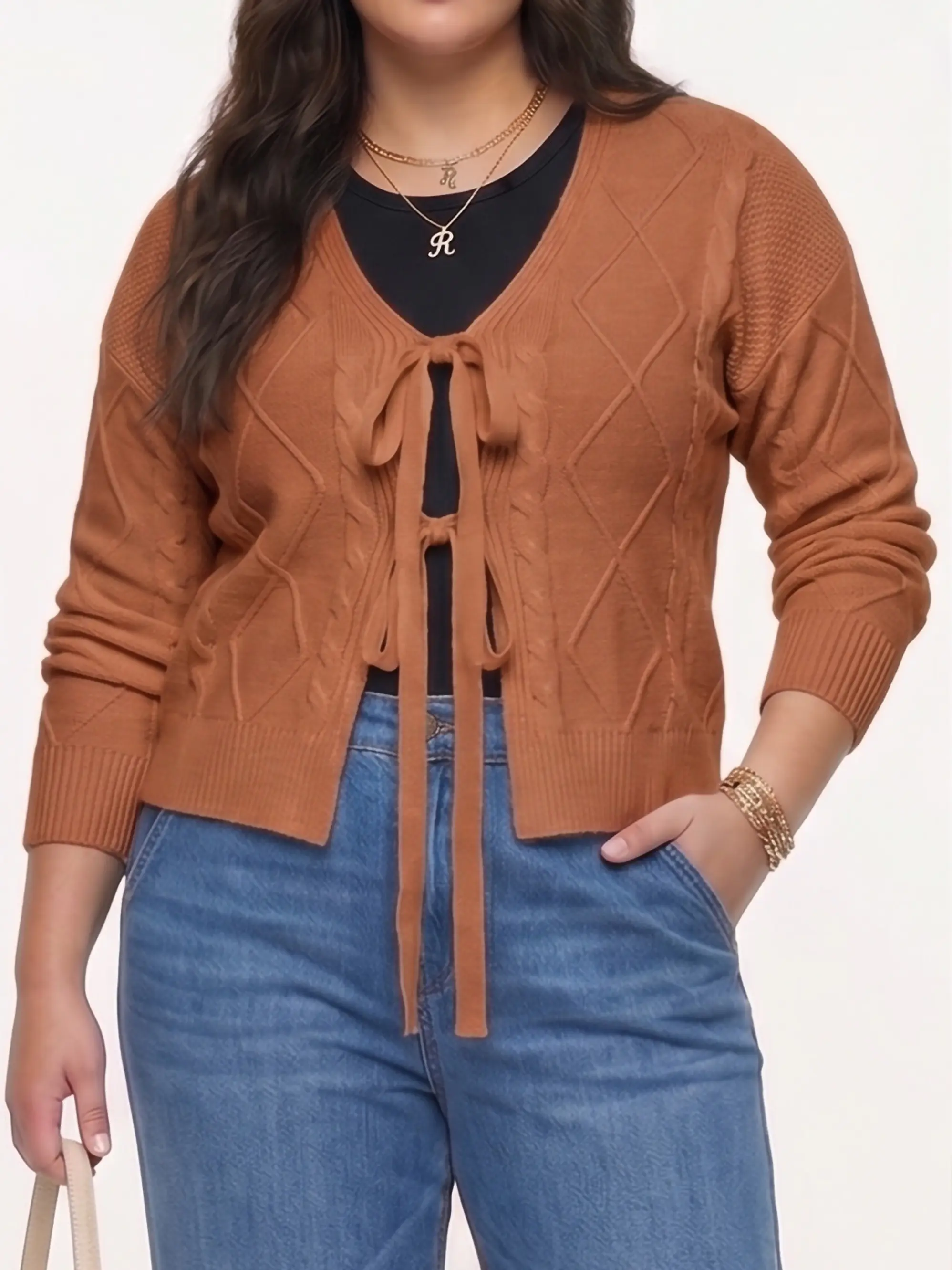 Cardigan Mujer Tejido Trenzado Corto Con Lazos Casual 6