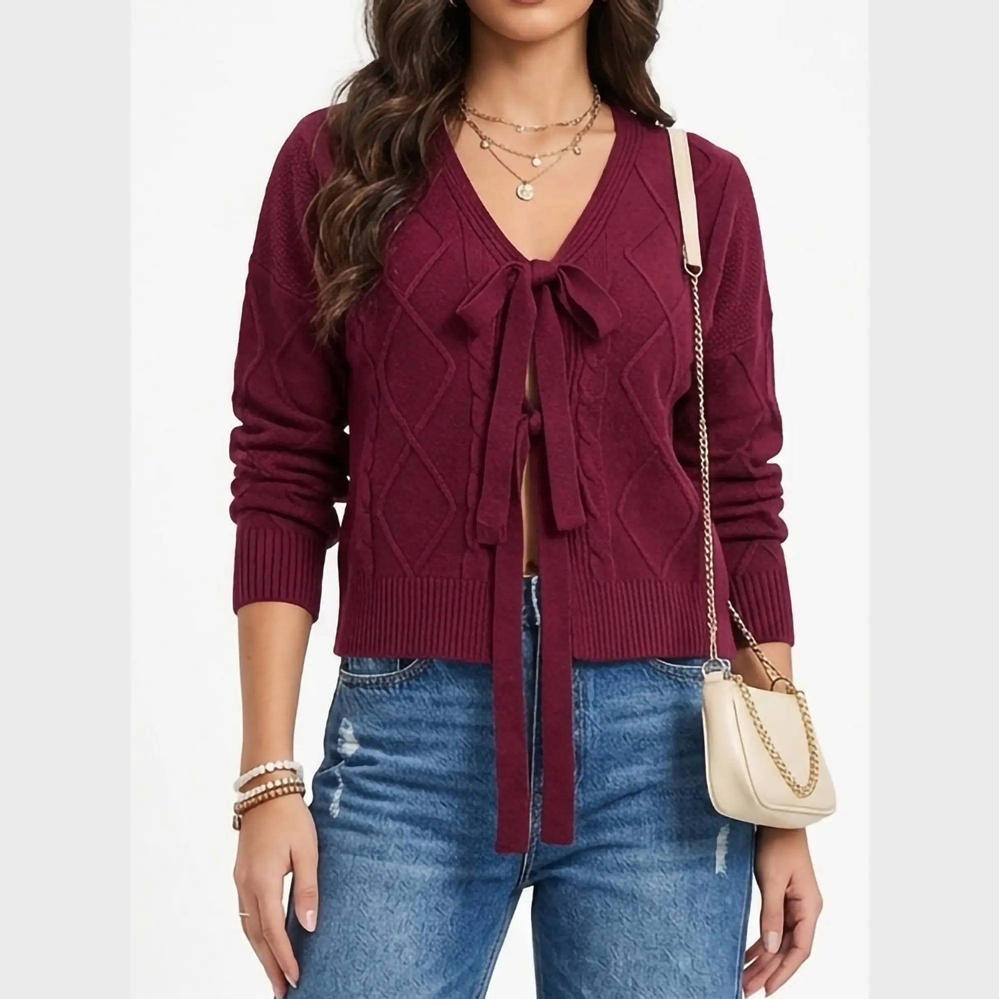 Cardigan Mujer Tejido Trenzado Corto Con Lazos Casual 1