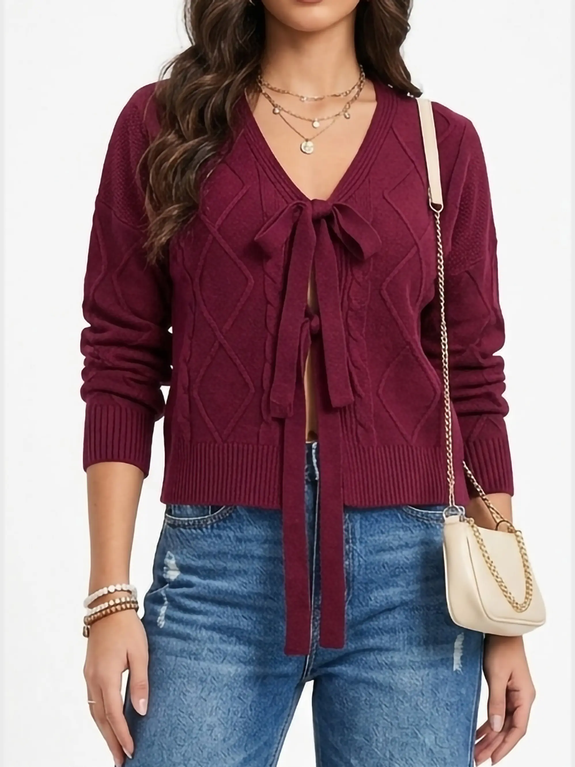 Cardigan Mujer Tejido Trenzado Corto Con Lazos Casual 1