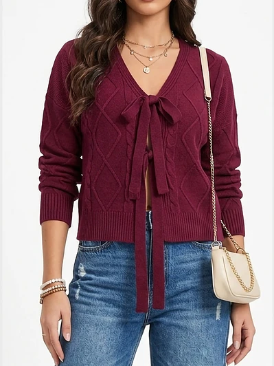 Cardigan Mujer Tejido Trenzado Corto Con Lazos Casual